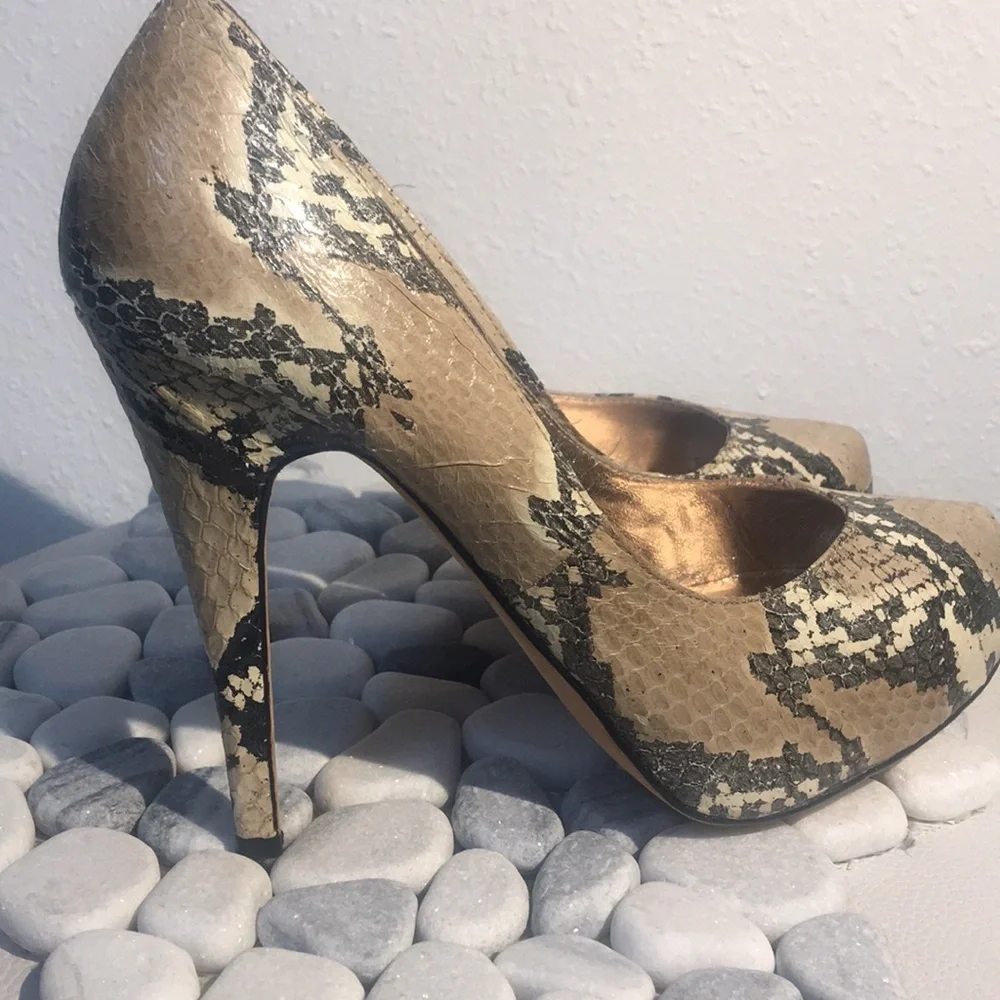 Dolce Vita Tan & Black Snakeskin Heels